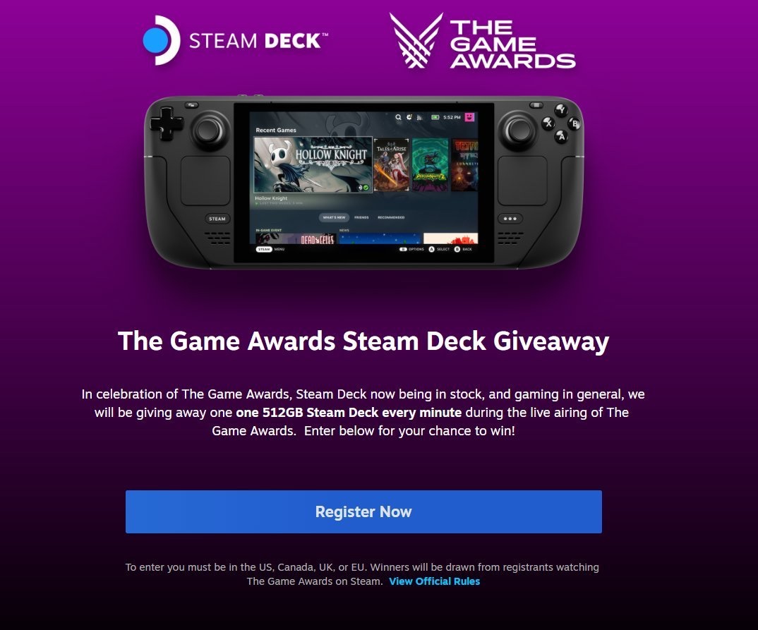You can win one 512GB Steam Deck every minute if you watch The Game Awards live on Steam